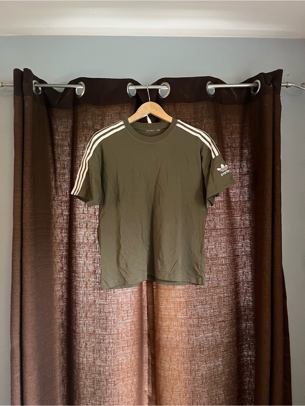 adidas Parley Olive Green Short Sleeve 3-Stripe Crew Tee - Picture 1 of 5
